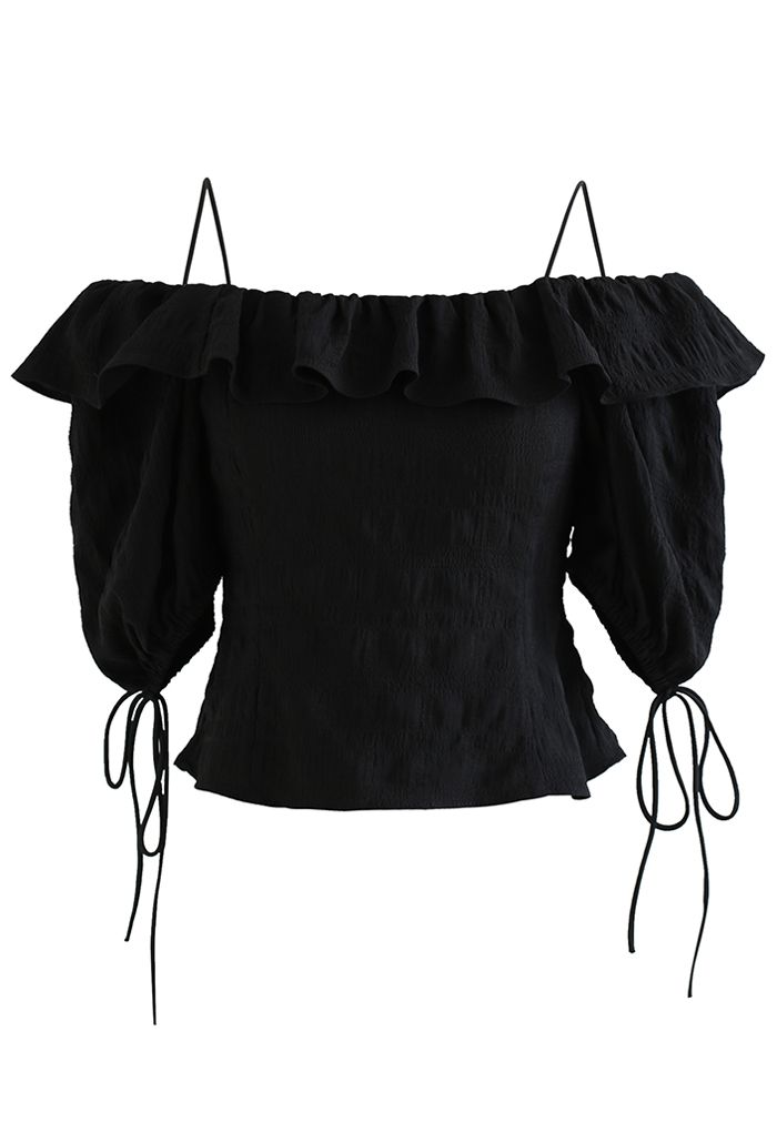 Ruffled Cold-Shoulder Embossed Crop Top in Black