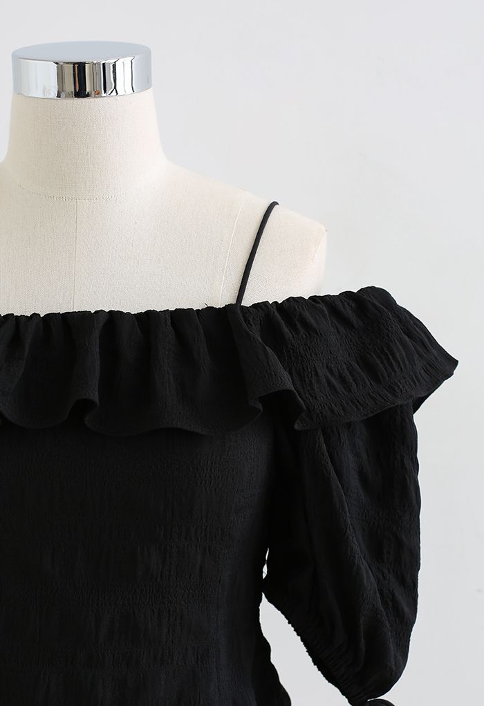 Ruffled Cold-Shoulder Embossed Crop Top in Black