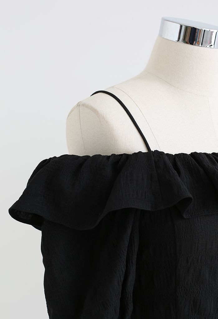 Ruffled Cold-Shoulder Embossed Crop Top in Black