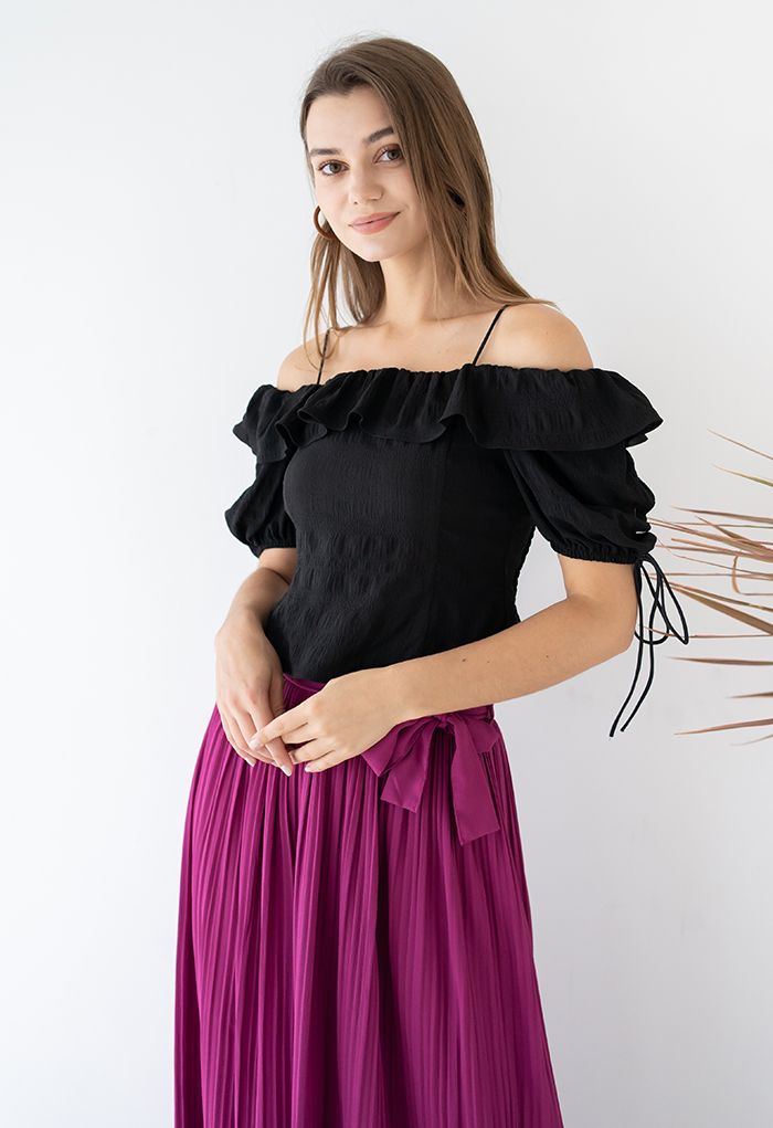 Ruffled Cold-Shoulder Embossed Crop Top in Black