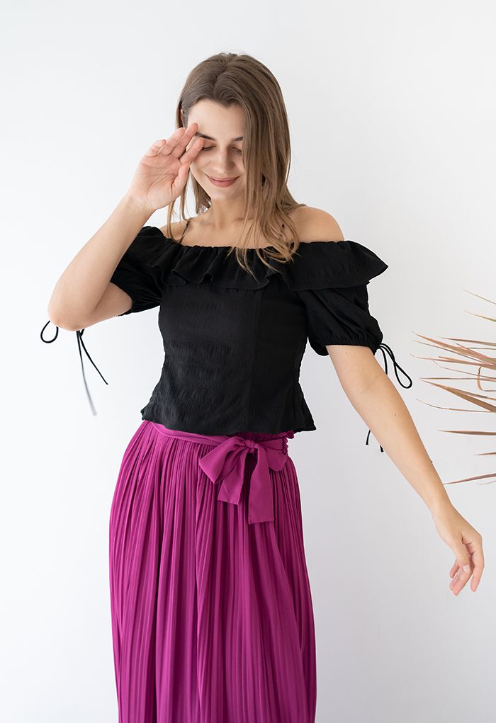 Ruffled Cold-Shoulder Embossed Crop Top in Black