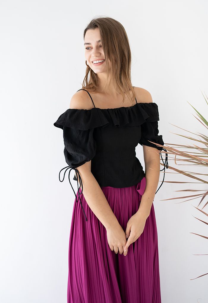 Ruffled Cold-Shoulder Embossed Crop Top in Black