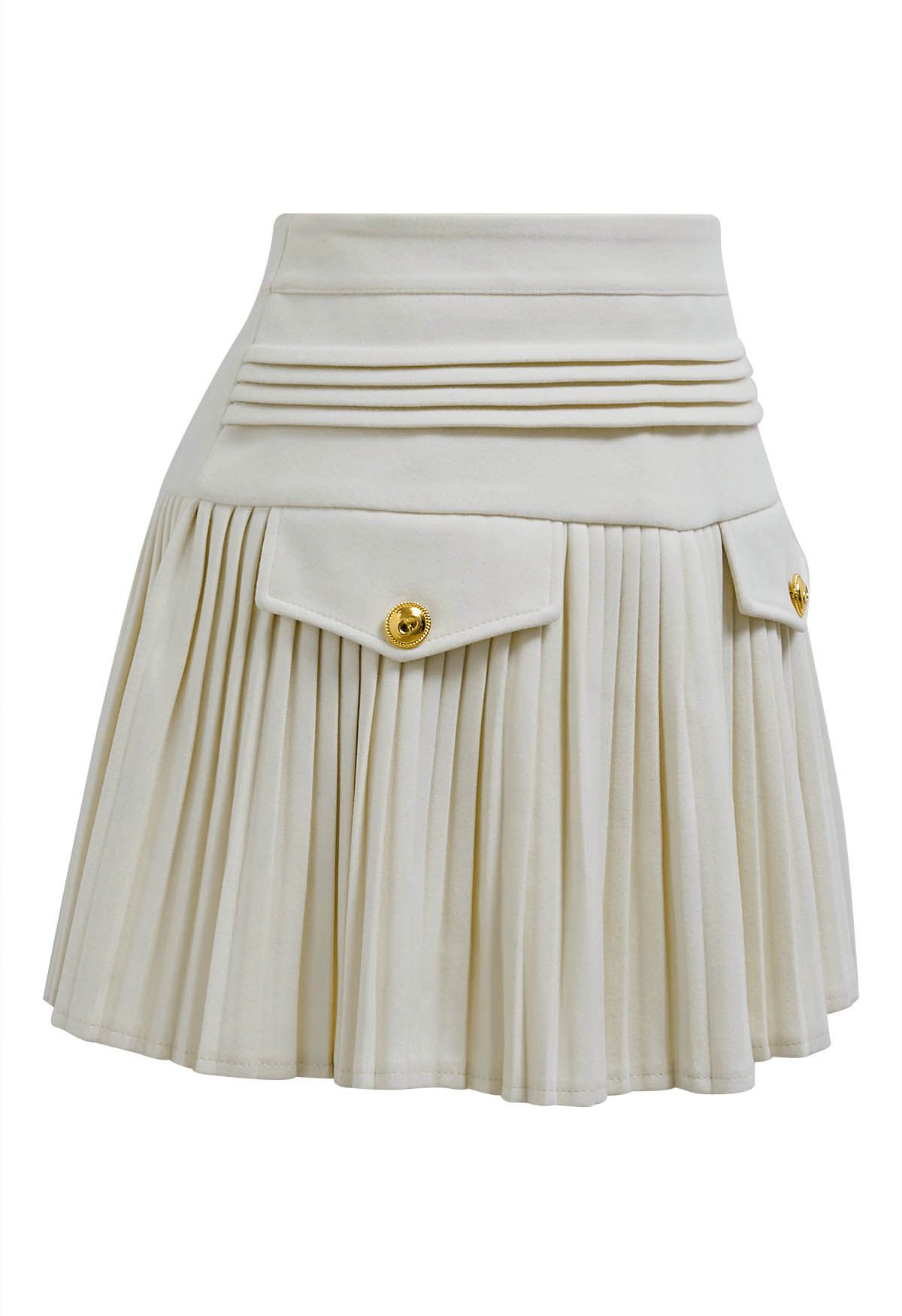 Golden Button Decorated Pleated Mini Skirt in Ivory