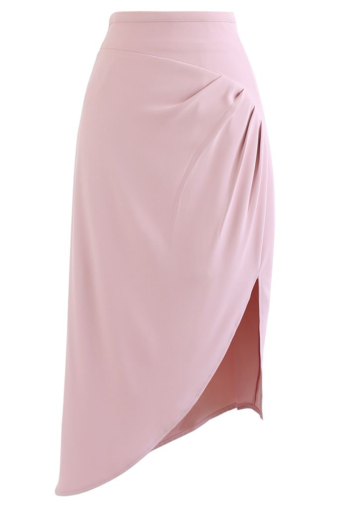 Side Ruched Asymmetric Pencil Skirt in Pink