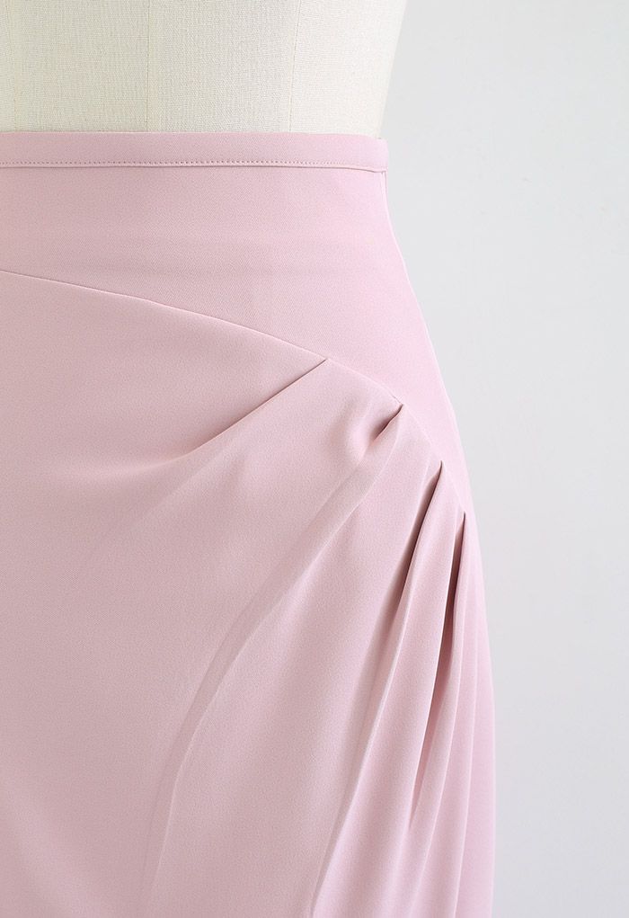 Side Ruched Asymmetric Pencil Skirt in Pink