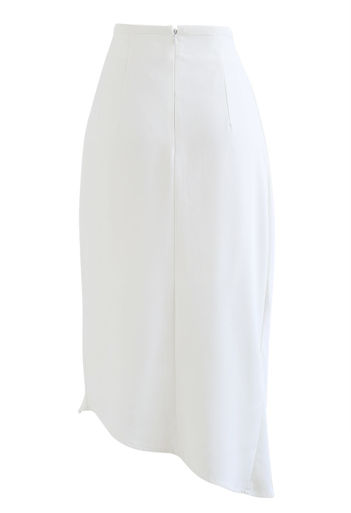 Side Ruched Asymmetric Pencil Skirt in White