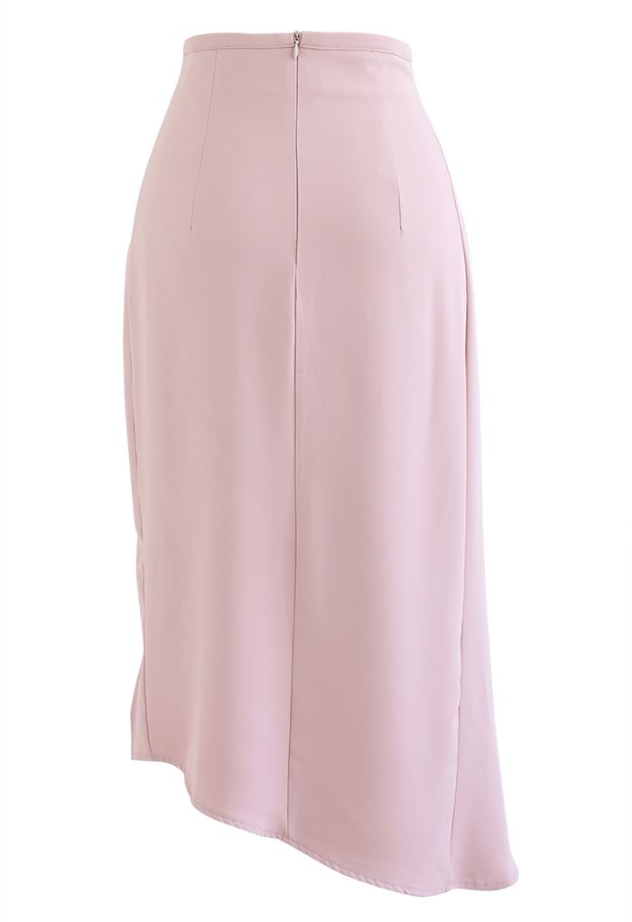 Side Ruched Asymmetric Pencil Skirt in Pink