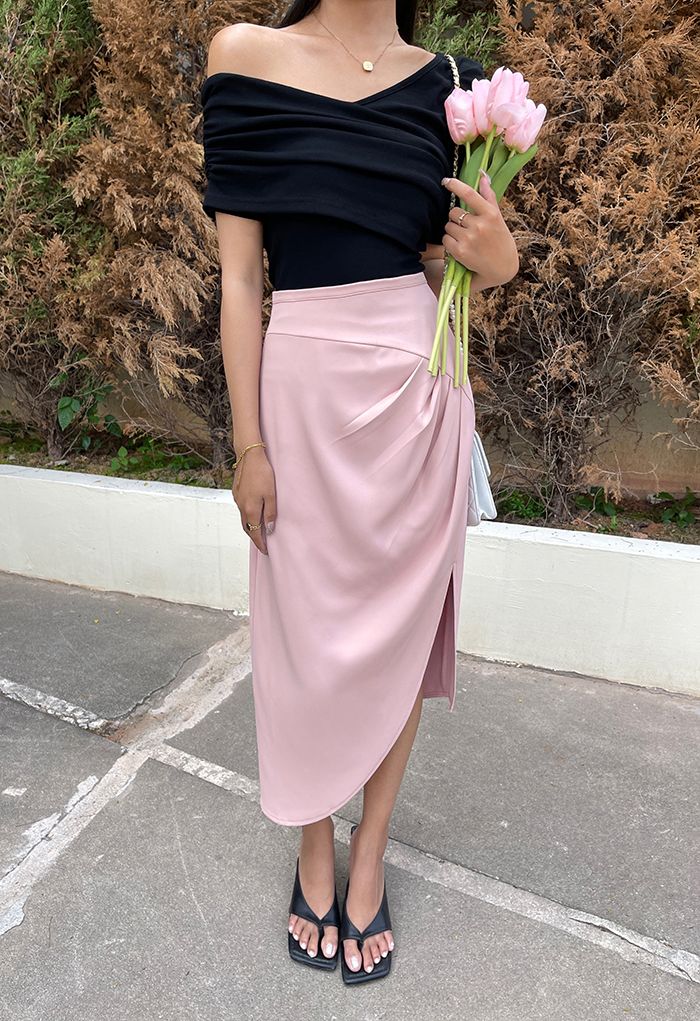 Side Ruched Asymmetric Pencil Skirt in Pink