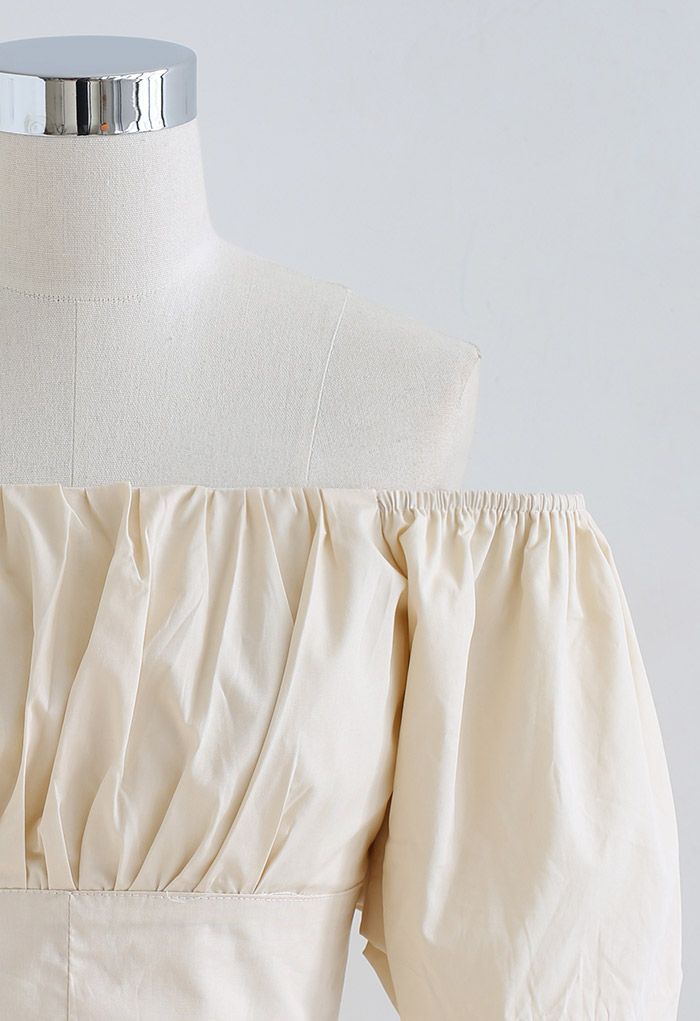 Off-Shoulder Bowknot Crop Top and Flare Skirt Set in Cream