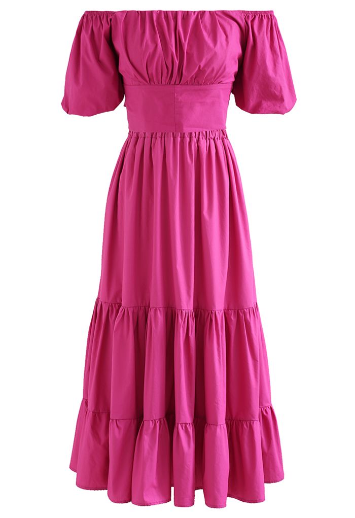 Off-Shoulder Bowknot Crop Top and Flare Skirt Set in Magenta