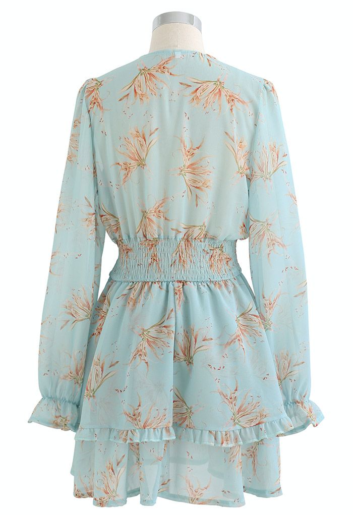 Tie-Knot Front Floral Chiffon Mini Dress in Teal