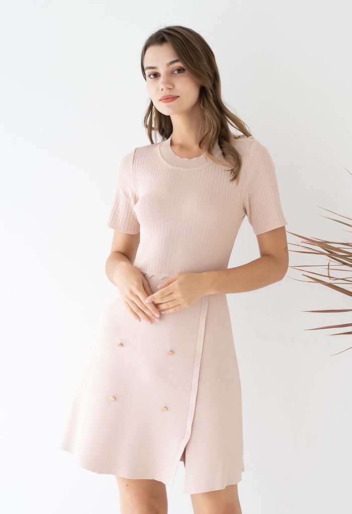 Golden Button Stretchy Knit Dress in Blush
