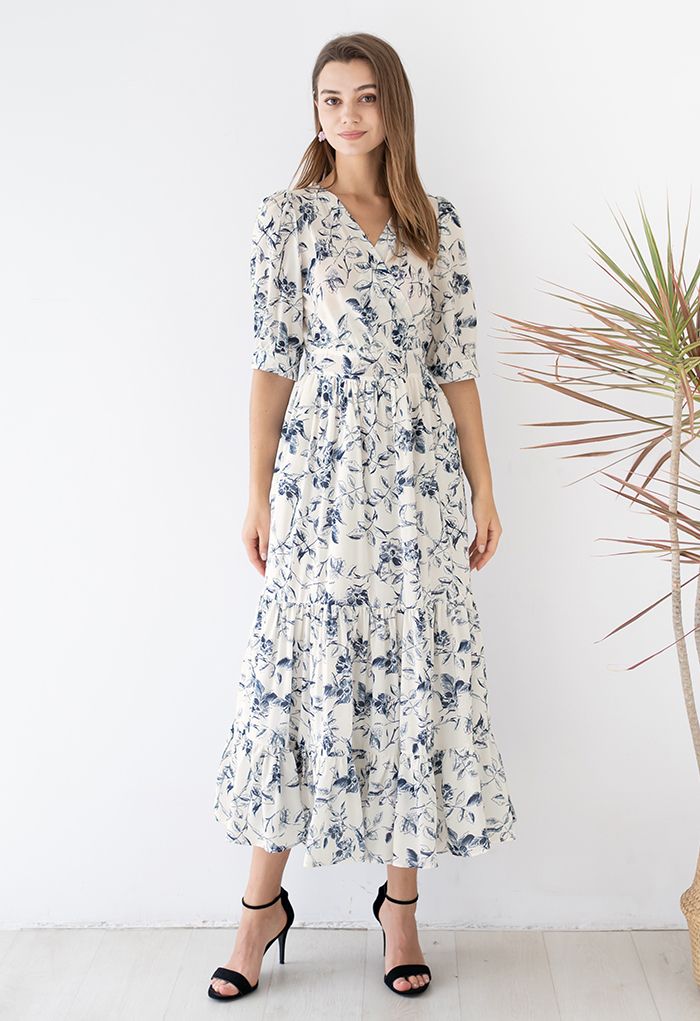 Navy Floral Frilling Wrapped Dress