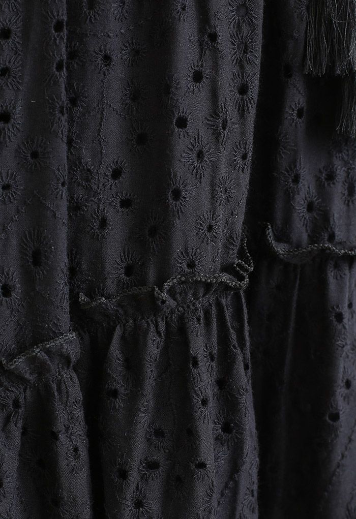 Frill Hem Broderie Cotton Midi Skirt in Black