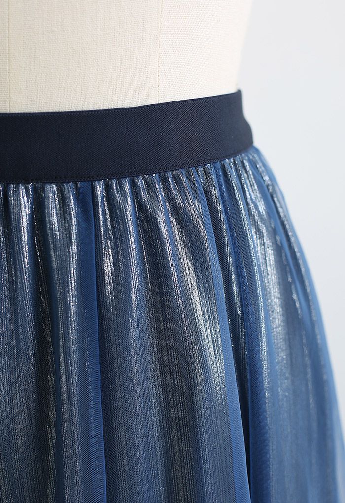 Pearlescent Lining Mesh Tulle Maxi Skirt in Navy