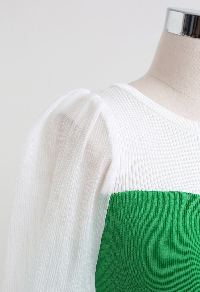 Twisted Front Spliced Fitted Knit Top in Green
