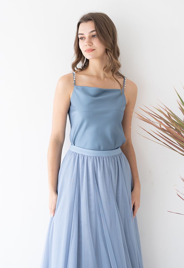 Pebble-Shape Pearl Strap Satin Cami Top in Dusty Blue