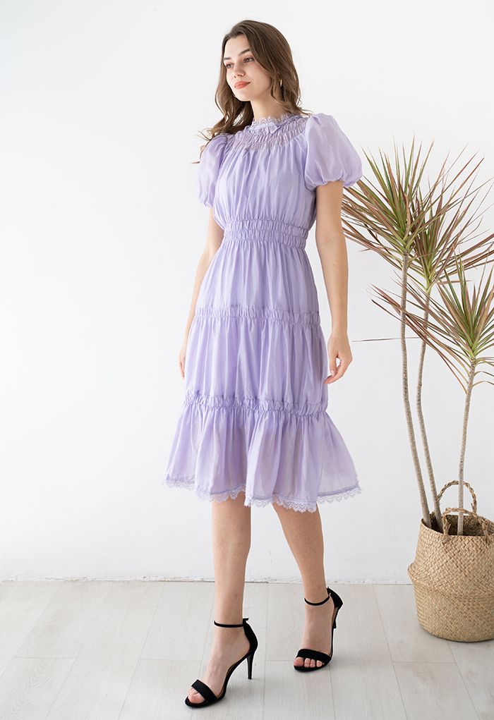 Lilac Dream Short-Sleeve Shirred Dress