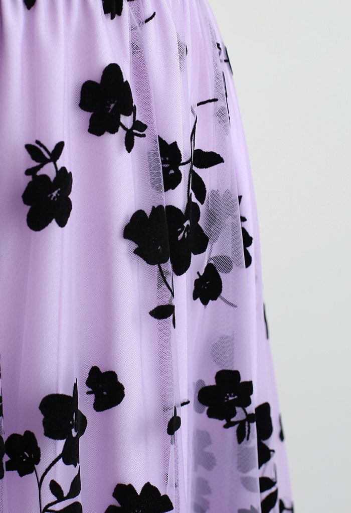 3D Posy Double-Layered Mesh Midi Skirt in Lilac