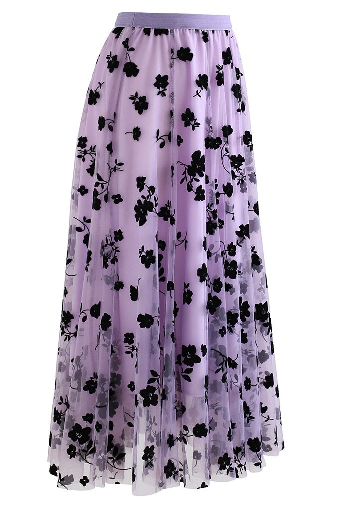 3D Posy Double-Layered Mesh Midi Skirt in Lilac