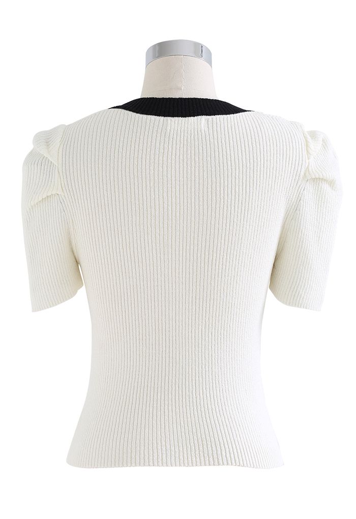 Contrast Line Short-Sleeve Knit Top in Ivory