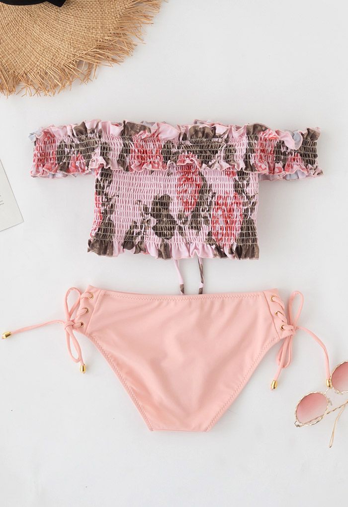 Lace-Up Ruffle Off-Shoulder Bikini Set in Floral Print