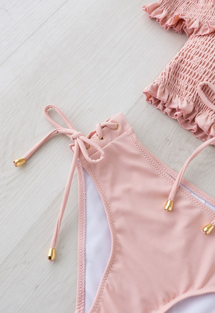 Lace-Up Ruffle Off-Shoulder Bikini Set in Pink