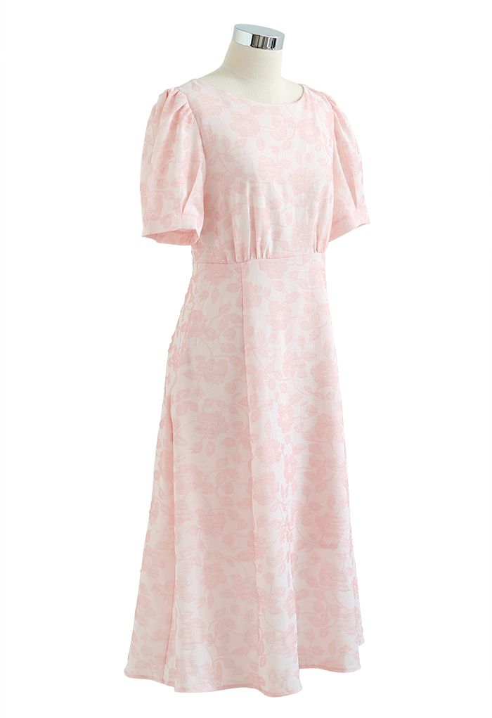Shirred Cutout Back Blossom Jacquard Dress in Pink