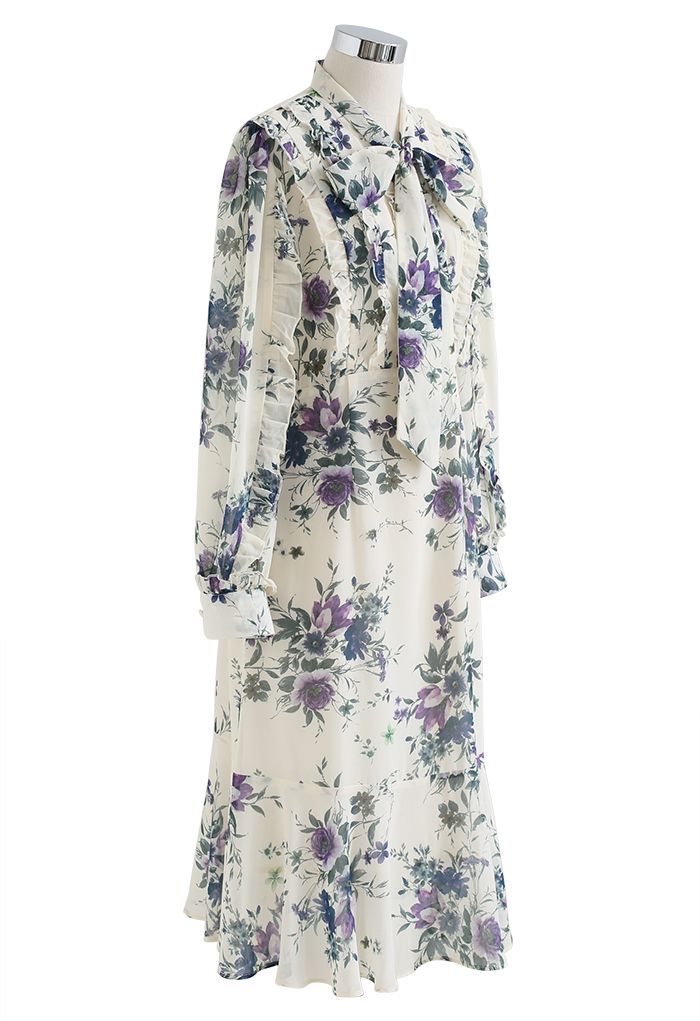 Purple Bouquet Bow Neck Chiffon Midi Dress