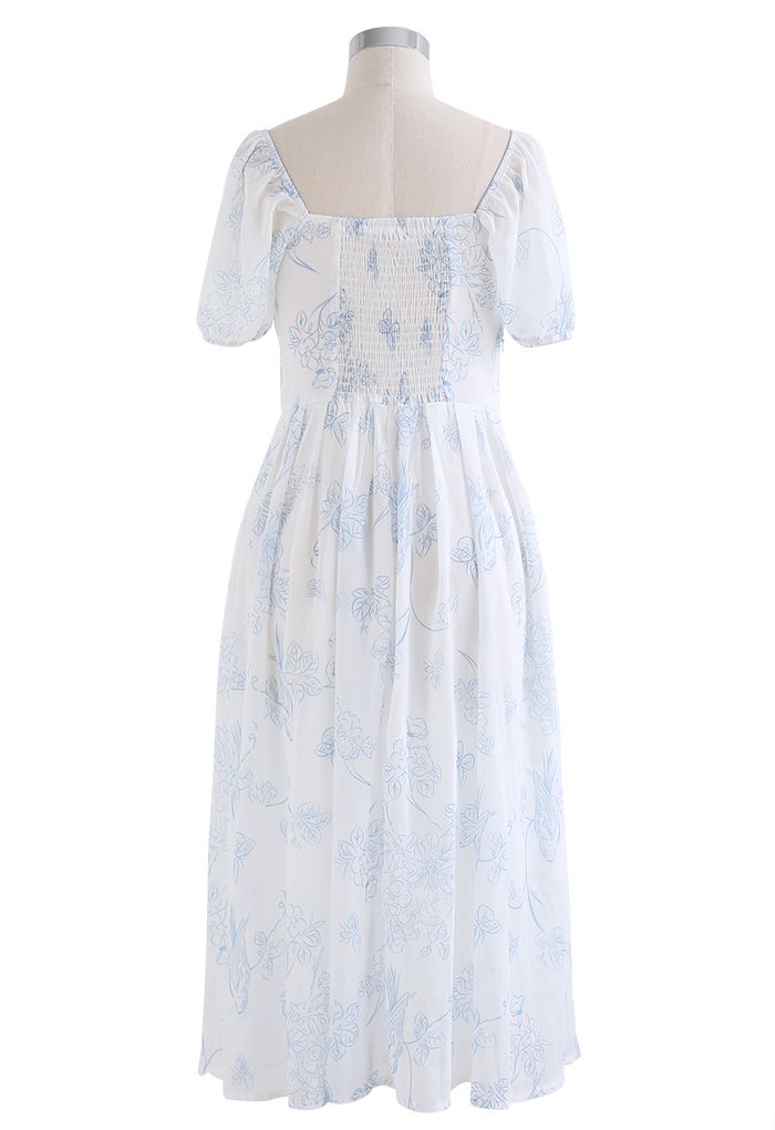Blue Butterfly and Flower Square Neck Midi Dress