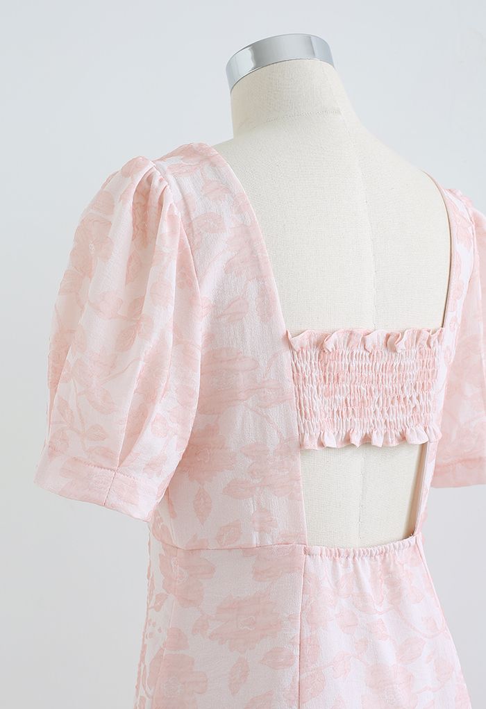 Shirred Cutout Back Blossom Jacquard Dress in Pink