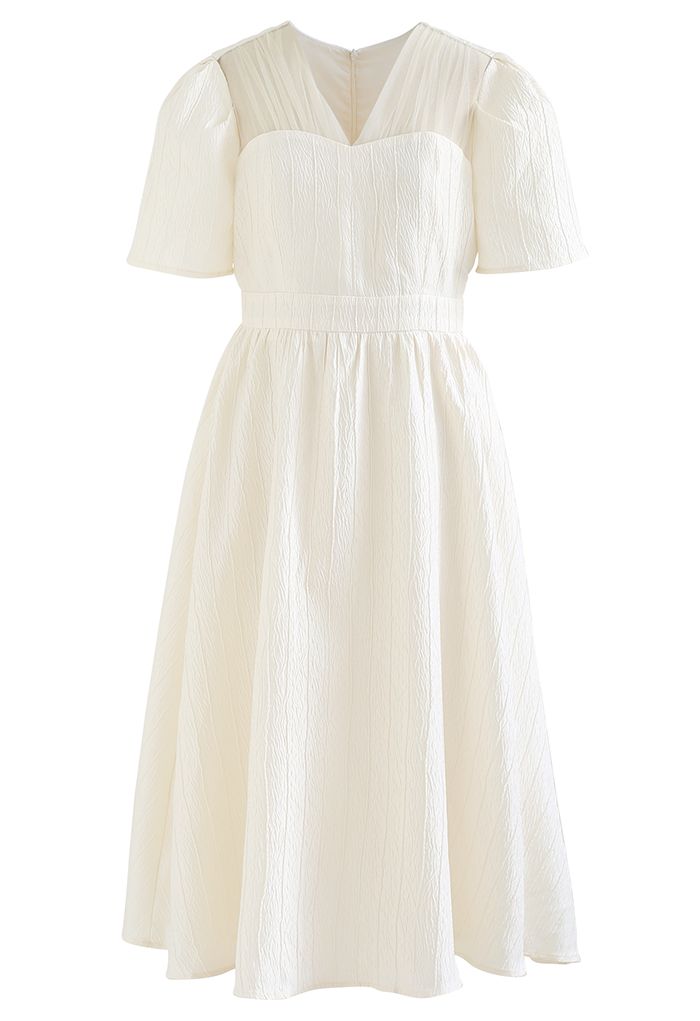 V-Neck Ripple Embossed Spliced Dress in Cream