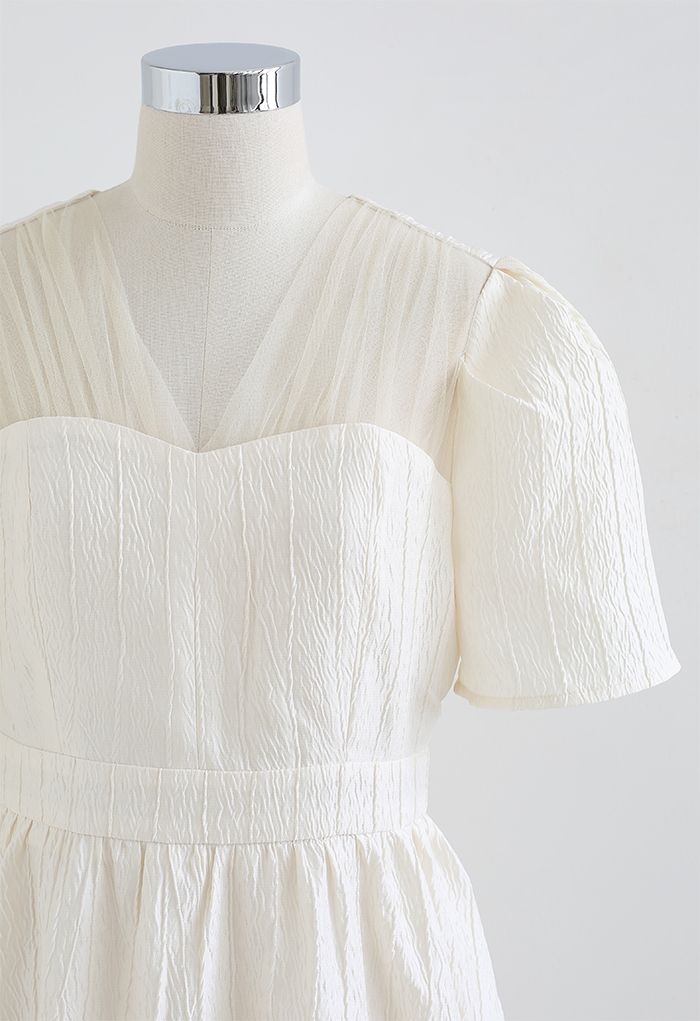 V-Neck Ripple Embossed Spliced Dress in Cream