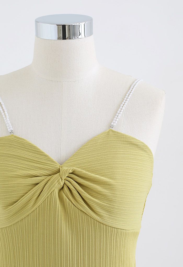 Twisted Front Pearly Straps Crop Tank Top in Lime