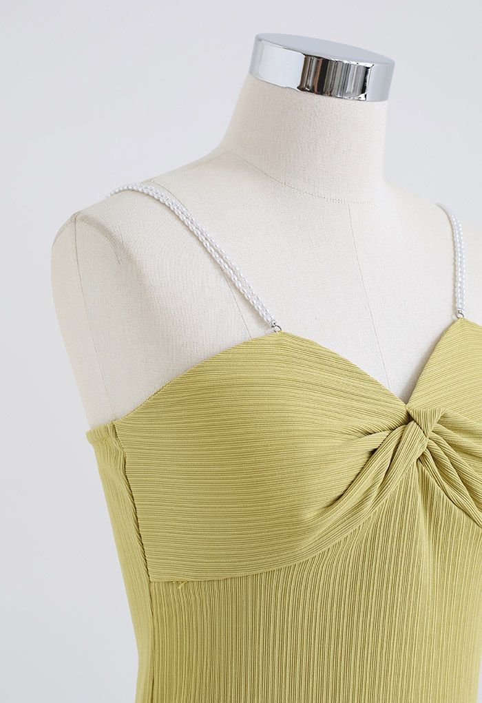 Twisted Front Pearly Straps Crop Tank Top in Lime
