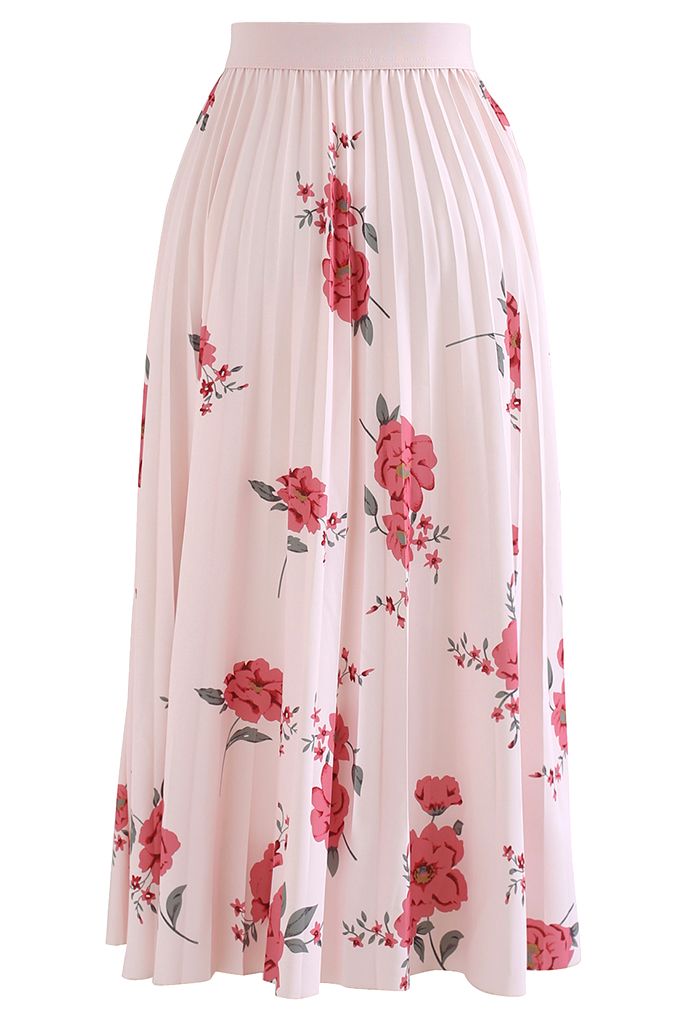 High-Waisted Floral Pleated Midi Skirt in Light Pink
