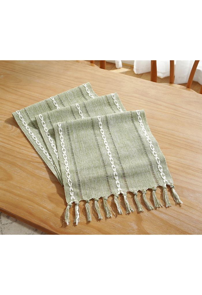 Cutwork Linen Fabric Tassel Edge Table Runner in Green