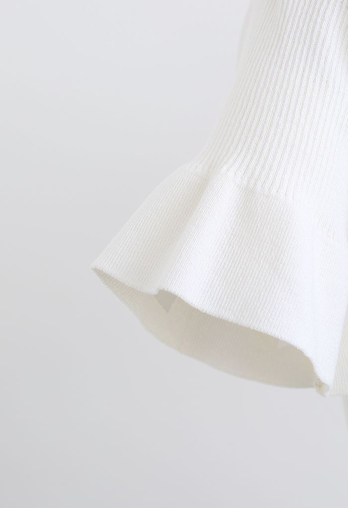 Cross Mesh Flare Cuff Crop Knit Top in White