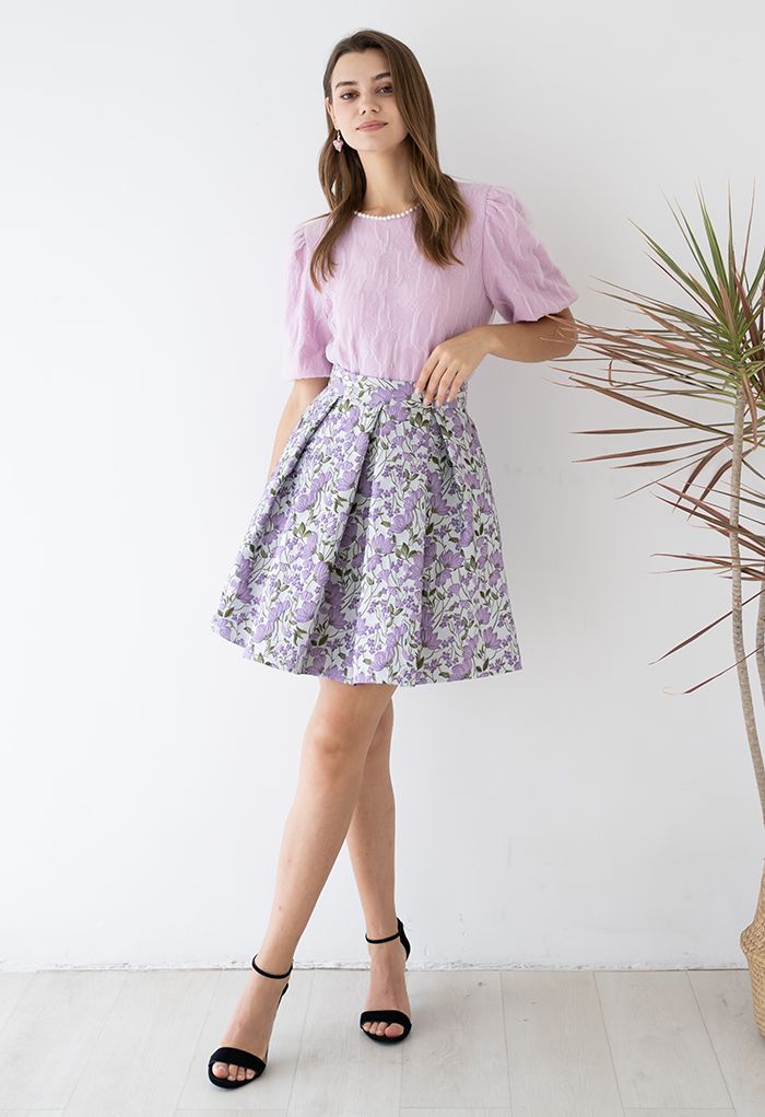 Stunning Flower Jacquard Pleated Mini Skirt in Violet