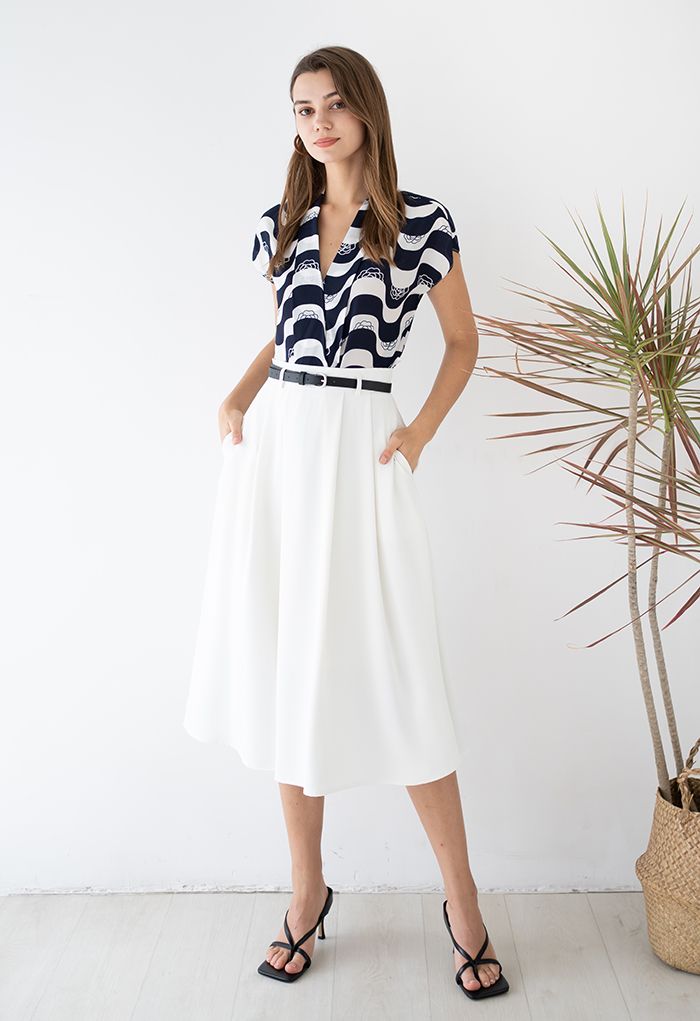Classic Pleated Belted Flare Midi Skirt in White