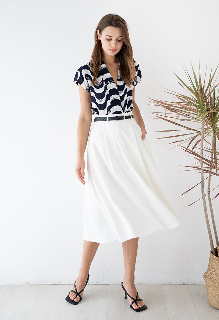 Classic Pleated Belted Flare Midi Skirt in White