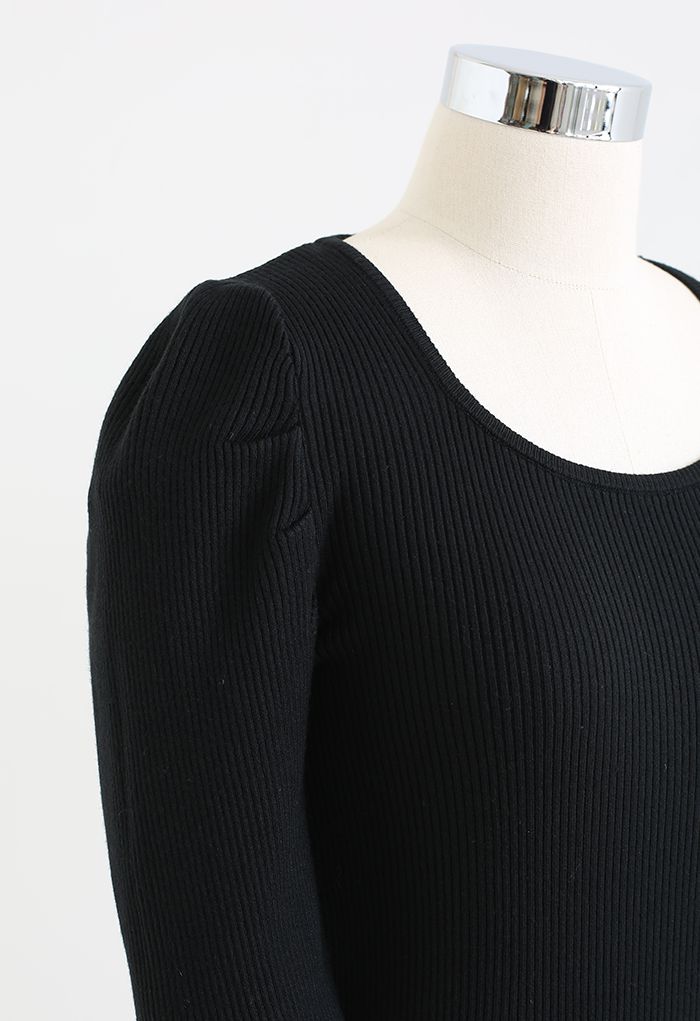 Puff Elbow Sleeves Knit Top in Black