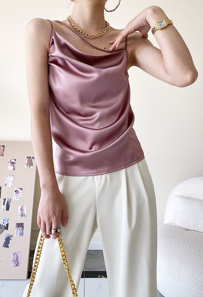 Triple Strings Cowl Neck Satin Tank Top in Dusty Pink - Retro, Indie and  Unique Fashion