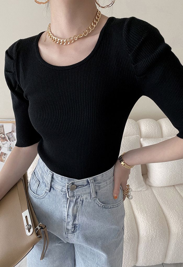 Puff Elbow Sleeves Knit Top in Black