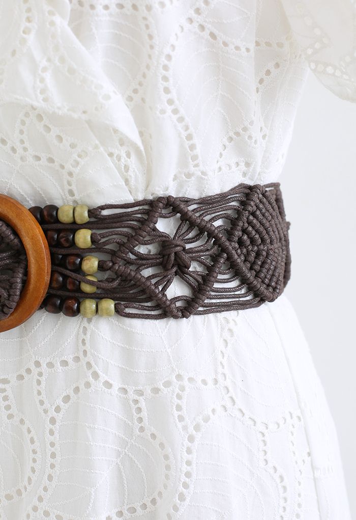 Wooden Buckle Bead Decor Woven Belt in Brown