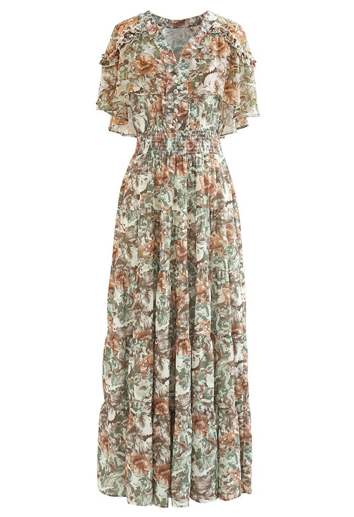 Cape Shoulder Watercolor Chiffon Maxi Dress in Olive - Retro, Indie and ...