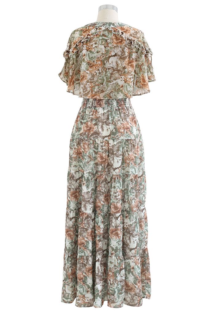 Cape Shoulder Watercolor Chiffon Maxi Dress in Olive - Retro, Indie and ...