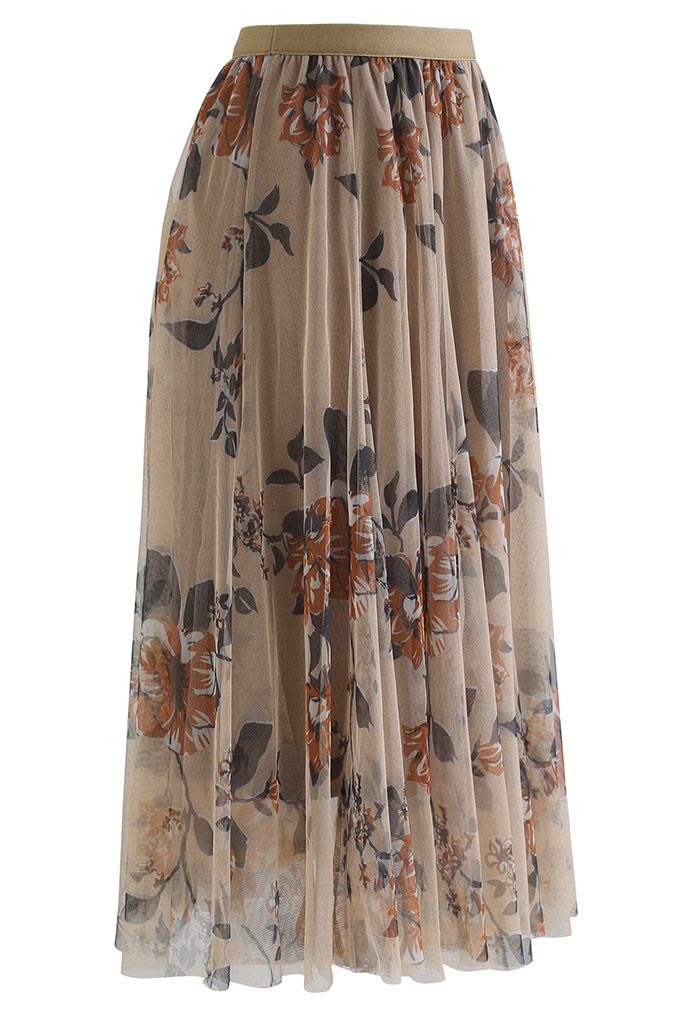 Floral Print Double-Layered Mesh Midi Skirt in Caramel