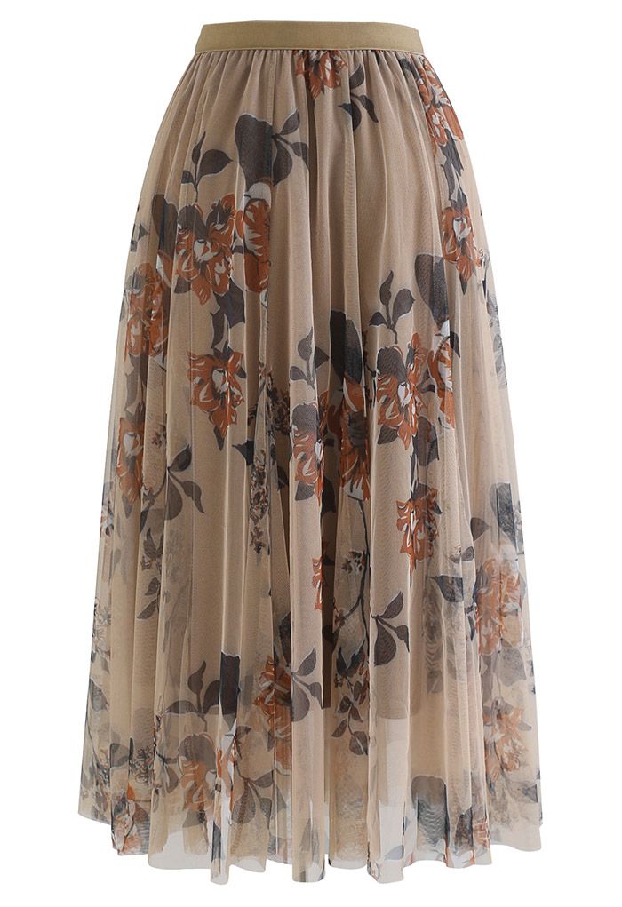Floral Print Double-Layered Mesh Midi Skirt in Caramel