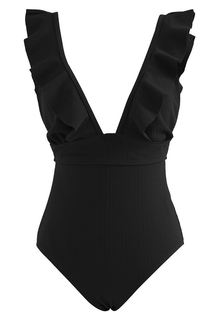 Deep-V Lace-Up Ruffle Swimsuit in Black